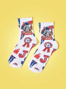 TOM & JERRY X SHEIN 1 Paar Damen Cartoon & Buchstaben Muster weiße modische Crew Socken