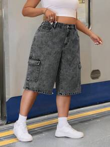 SHEIN ICON Jeans cargo lavati blu con tasche grandi e taglio morbido dritto