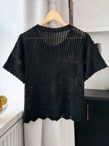 Flirla Plus Size V-Neck Solid Color Short Sleeve Tassel Hollow-Out Loose Bohemian Cardigan For Women, Suitable For Summer