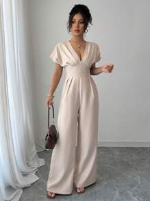 Rafferiza Women's Deep V-Neck Ruched Elegant Wide Leg Solid Color Jumpsuit - Apricot - View 3