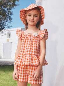 SHEIN Young Girls' Casual Holiday Plaid Elegant Ruffle Sleeve Top + Plaid Shorts + Bucket Hat 3Pcs Set, Spring/Summer - Yellow - View 1