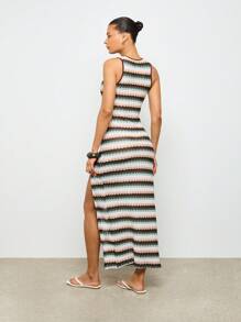 AiiRZ Rochie maxi în dungi chevron cu gât înalt, cu fantă laterală Summer Beach Resort, fără mâneci, lungime la podea, tricotată, rochie de seară de vacanță - Multicolor - Vizualizare 2