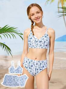 Tween Girl Full Print Vacation Beach Swimwear Set - Multicolor - View 3