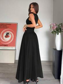 SHEIN Frenchy 新款夏季两件套西装，撞色通勤背心+超大A字黑色修身长裙，舞会礼服，黑色裙子，亚麻低腰阔腿裤女夏套装 - 黑色 - 查看 2