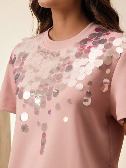 Anewsta Women's Crew Neck Short Sleeve Regular Length Elegant Sequins T-Shirt, Spring Summer