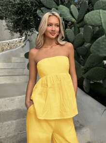 SHEIN EZwear 2件套女士芥末黄编织荷叶边下摆抹胸上衣和阔腿裤休闲套装 - 黃色 - 查看 3