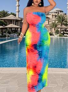 Slaydiva Plus Size Batik Dress With Ruffle Trim For Vacation - Green - View 1