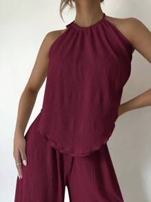 SHEIN Essnce 2pcs/Set Pleated Halter Neck High Split Maxi Dress Island Vacation Outfits - Burgundy - View 5