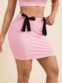 LUNA B Solid Color Black Bow Sexy High Waist Stretch Fitted Mini Skirt For Women Summer Beach Women Summer Set Women 2 Pieces Outfits Birthday Outfit Women Women Two Pieces Outfits Two Pieces Outfits For Women Party Outfits For Women