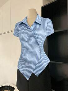 Chiquease Camicetta donna asimmetrica con vita stretta, a righe, con maniche lunghe e corte, camicia elegante con collo, adatta per la primavera/estate