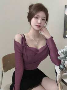 DAZY 女士纯色褶皱细肩带网眼紧身长袖 T 恤，适合夏季 - 紫色 - 查看 4