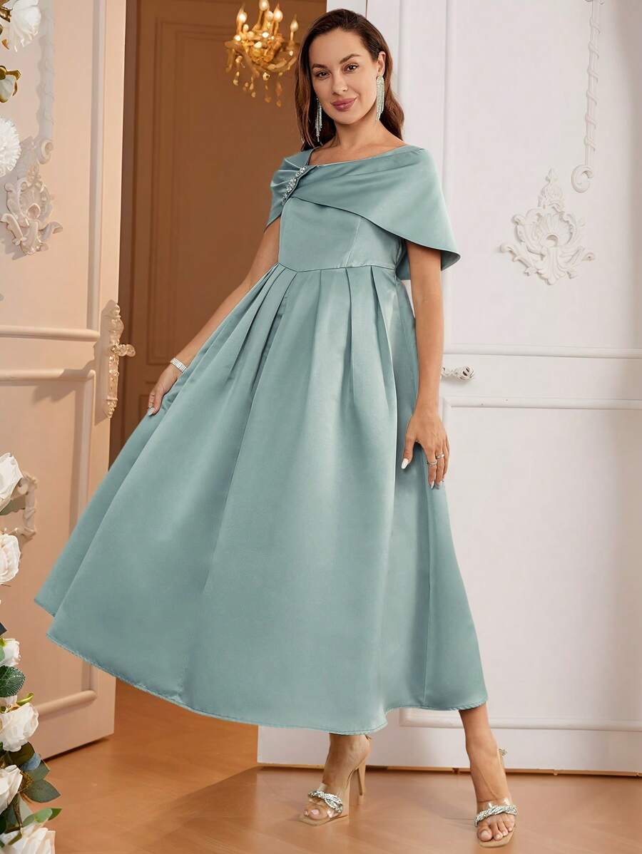 SHEIN Pregnant Women's Solid Color Ruched Off Shoulder Elegant Maternity Dress - Mint Green - View 1