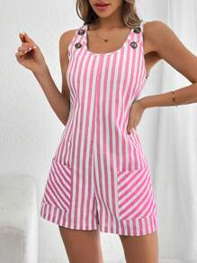 SHEIN Essnce 女式休闲条纹印花连体裤，带口袋，无袖 - 粉色 - 查看 6