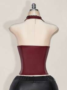 SHEIN ICON Blusa informal de PU con cuello halter, decoración de ojetes y lazo en color liso para mujer de talla grande en tono burdeos con cuello en V y hombros descubiertos, estilo Y2K