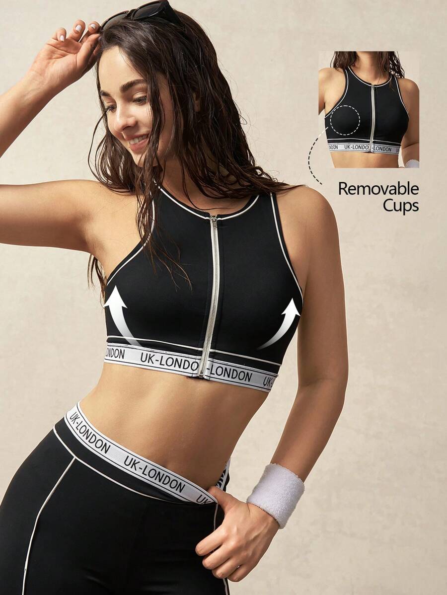 VARSIVA Women Letter Knit Panel Zipper Front Yoga Sports Bra, Everyday Wear - Black and White - View 1