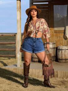 EMERY ROSE Versatile Casual Cuffed Non-Stretch Denim Shorts - Dark Wash - View 5