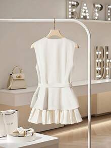 SHEIN Clasi Women's Rhinestone Decor Sleeveless Ruffle Hem Elegant Blouse - White - View 2