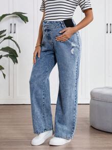 SHEIN Maternity Loose Straight Leg Blue Jeans,Mother Day/Mom/Mother/ Mommy/Mother's Day/Mama/Mum/Mother's Day Gift,Summer / Summer Outfits For Women/ Summer Clothes / Cute Summer Tops/ Summer Bottoms/Summer For Women - Blue - View 5