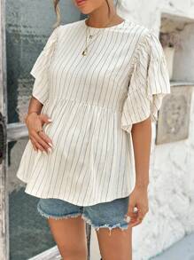 SHEIN 孕妇条纹圆领荷叶边短袖休闲T恤