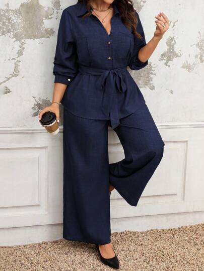 Vionelle Dam Elegant Casual Office / Semester Enfärgad långärmad skjorta med V-ringning, ficka, metallspänne, spännad midja och breda ben, elastiska midjebyxor, för vår höst och vinter