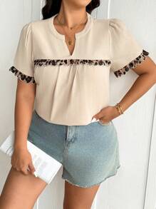 SHEIN Frenchy Plus Size Summer Casual Versatile Leopard Print Patchwork V-Neck Blouse For Women