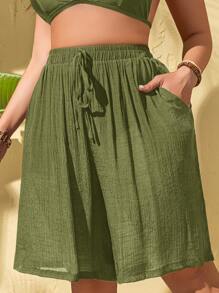 Swim Lushoire Lace Up Plus Size Women's Romper With Pockets, Loose Fitting Short Jumpsuit For Summer Beach Vacation - Army Green - View 3