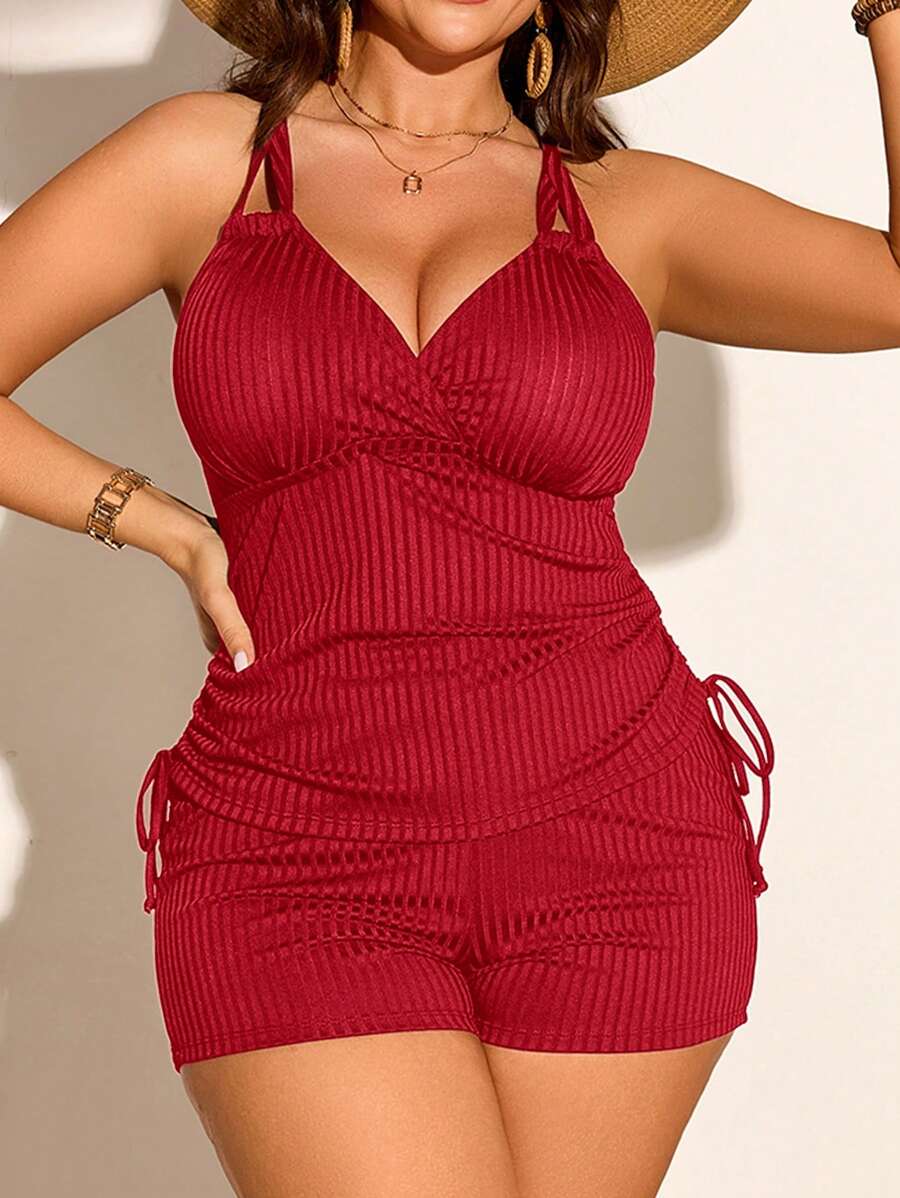 Top de punto con cuello en V y cordón, talla grande, para mujer, bikini - Rojo - Ver 1