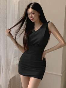 DAZY Women Solid Ruched Sleeveless Mini Wrap Dress ,Bodycon Dress - Black - View 5