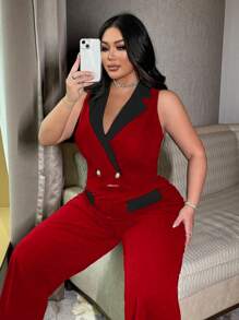 SHEIN Unity 2pcs Plus Size Women Elegant Black & White Contrast Color Vest And Pants Set With Button Decor, Fashion Design, Versatile - Multicolor - View 6