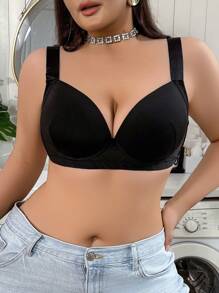SHEIN 1 件大码女式无钢圈纯色宽肩带文胸 - 黑色 - 查看 3