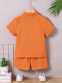 SHEIN 2pcs Young Boy Casual Minimalist Academy Cotton Short Sleeve Shirt And Shorts, Suitable For Daily, Academy, Outing, Play, Spring/Summer Getaway, Holiday, Travel, Relax, Sunbathing, School, Campus, College - Orange - View 2