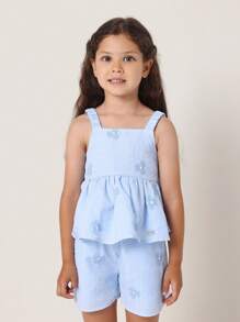 SUMWON Summer Seersucker Butterfly Embroidered Two-Piece Outfit Holiday Sleeveless Top Shorts Matching Set Kids Spring Beach Casual Vacation Wear