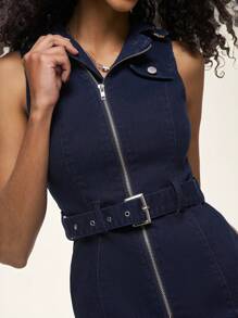 SHEIN EZwear Đầm denim mini không tay cài nút phía trước dành cho nữ - Màu xanh lam - Xem 6