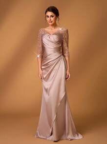 Serin Summer Elegant Romantic Gorgeous Champagne Color Sequins Embroidery Stitching Satin V-Neck Three-Quarter Sleeves Pleated Micro Fishtail Hem Stitching Asymmetrical Lotus Leaf Patch Suitable For Dinner Bachelorette Party Date Holiday Dance Music Festival Wedding Event Bride Mother Dress