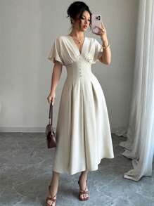 Gloray Women's Deep V-Neck Ruched Elegant Mid-Length Dress - Khaki - View 1