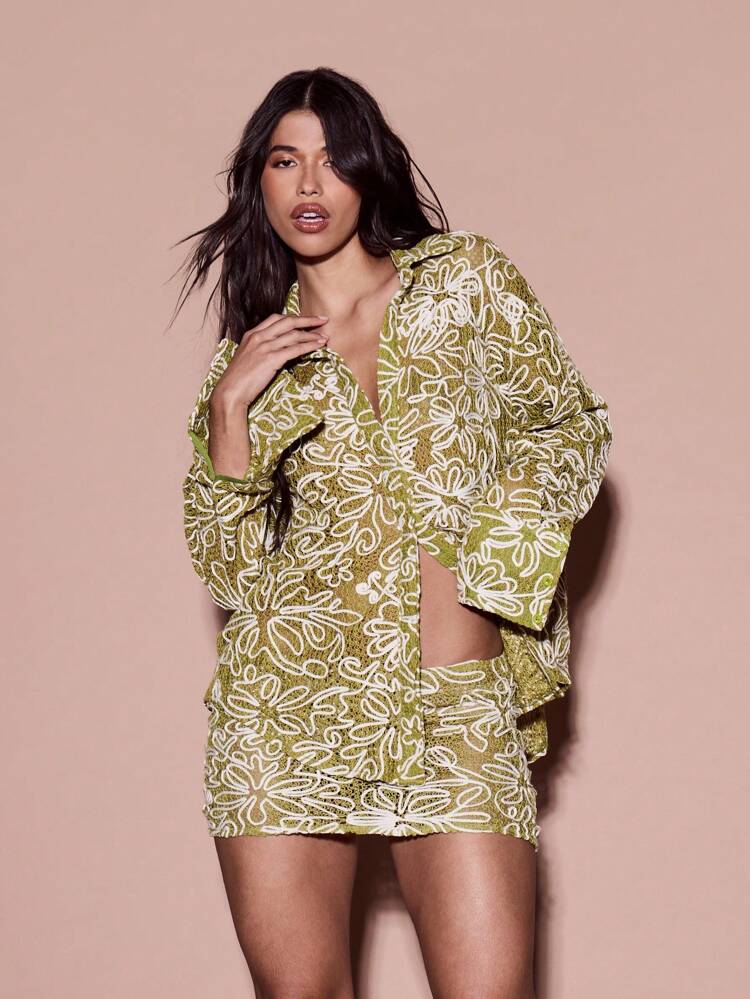 KIZN Floral Applique Cut-Out Blouse Long Sleeve Party Evening Statement Top Resort Vacation Club Summer Spring Clubwear