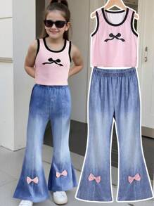 2 pièces/Set mode de rue décontractée pour jeune fille. Ensemble mignon avec veste à imprimé papillon et colorblock et pantalon évasé à effet denim