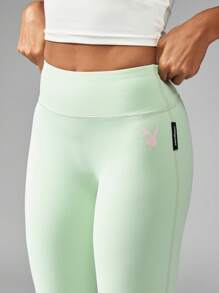 Missguided x Playboy High-Waisted Flared Yoga Leggings Athletic Dance Pants Workout Running Tights Athleisure Bottom Spring Summer Pastel Collection - Green - View 3