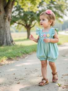 Pelele para bebé niña con volantes en las mangas, decoración floral tejida multicolor y volantes, estilo casual y lindo para exteriores en verano - verde menta - Ver 3
