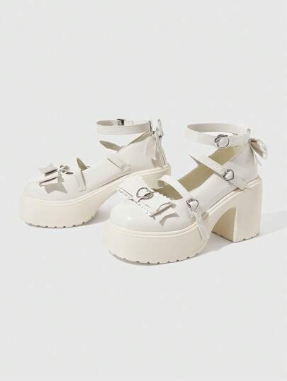 Kawaii Women's White Loafers, Mary Jane Small Leather Shoes, Bowknot Cross Strap Heart-Shape JK Style High Heels