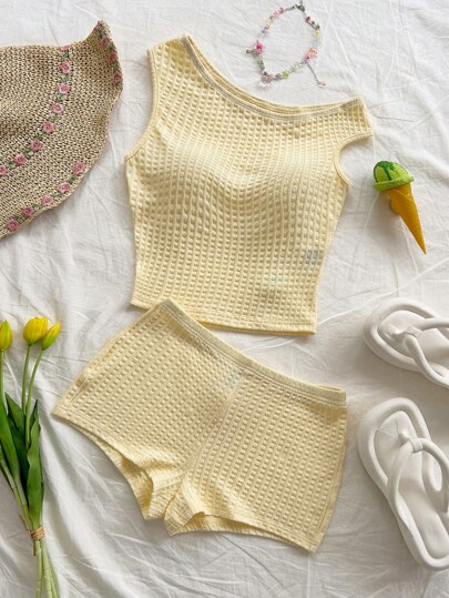 Soleia Bohemian ,Boho, Romantic Floral ,Vacation, Floral 4th Of July Clothes Summer Two Pieces Set Rave Outfits Festival Festival New Years Eve Outfits/Coquette Outfitcold Weather Outfits/Ice Skating Outfitidate Night Outfit Vacation Outfits Woman Women's Vacation 2pcs Set: Textured Knit Asymmetric Shoulder Top & Super Low Waist Bodycon Shorts, Suitable For Party, Christmas, Date, Beach, Cruise, Festival,Summer Sets