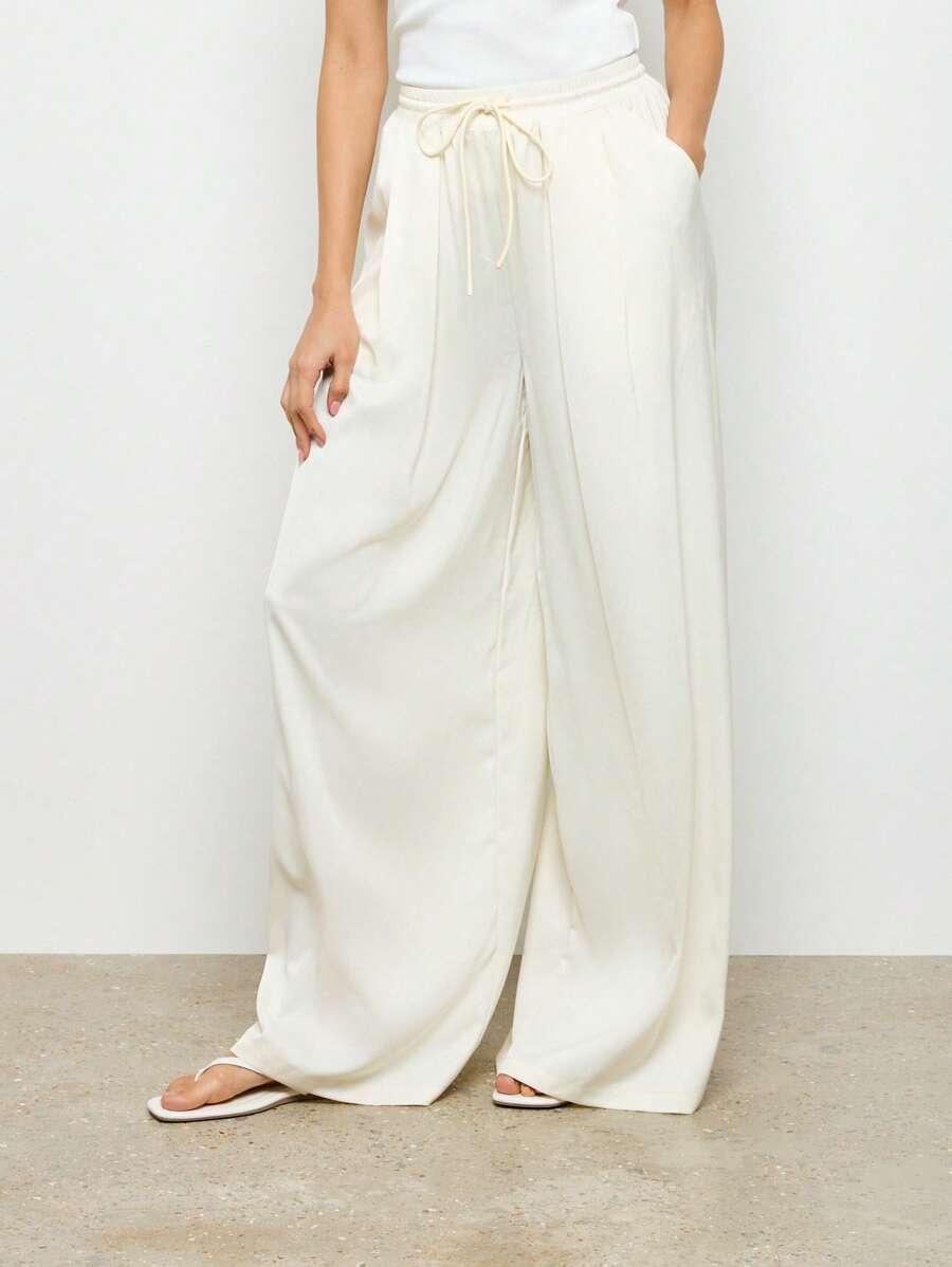 AiiRZ Luxurious Wide Leg Box Pleat Satin Palazzo Pants With Drawstring Waist, Elegant Flowing Loungewear For Special Occasions, Formal Events, Resort Wear