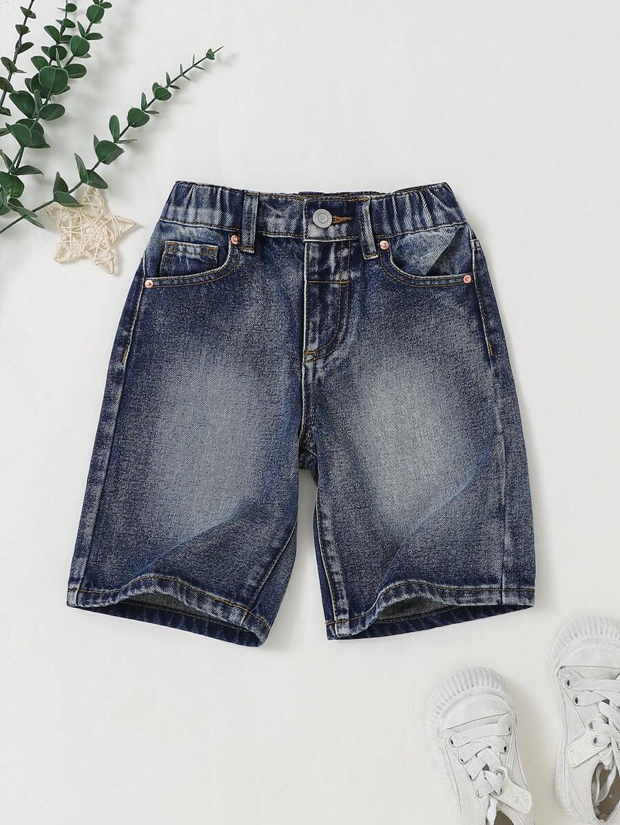 Young Boy Daily Casual All-Match Comfortable Washed Blue Denim 3/4 Shorts, School, Campus, College - Dark Wash - View 1
