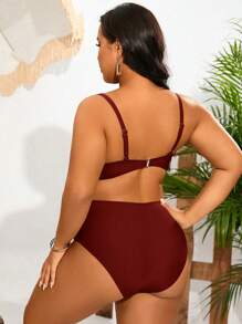 Swim Lushoire Plus Size Solid Color Swimsuit Set, Suitable For Beach Vacation For Summer - Burgundy - View 2