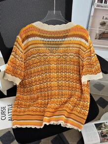 SHEIN LUNE Plus Size Contrast Trim V-Neck Front Button Short Sleeve Lightweight Cardigan - Yellow - View 2