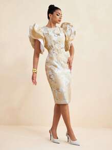 TIYA Elegant Jacquard Faux Pearl Neck Big Sleeve Dress With Waist Belt Women Summer Set - White - View 7