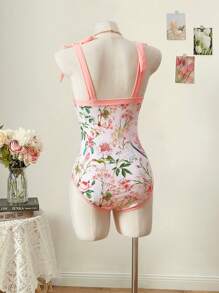 SHEIN MOD Costume da bagno a una pieza casual da donna con stampa floreale a maglia, con spalline e dettagli con nodo