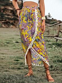 Breezaya Gonna lunga con stampa paisley, orlo arricciato con nappe, outfit da vacanza in spiaggia per donna
