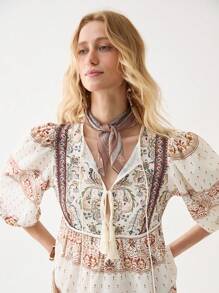 Florisole Women's Bohemian V-Neck Fringe Linen Blend 3/4 Sleeve Printed Blouse, Spring/Summer