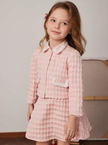 PrepCrw Conjunto de Jaqueta Ajustada Tipo Universitário Tecida e Saia Míni em Jacquard Estampa Pied-de-Poule Rosa, Primavera/Verão, Meninas Jovens - Rosa chiclete - Visão 3